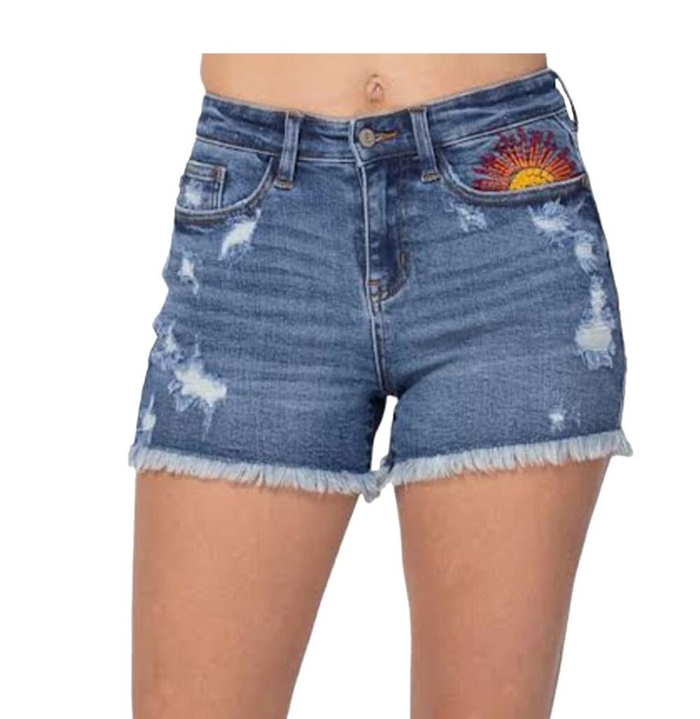 5922( Judy Blue Hi Rise Sun Embroidery Cut Off Denim Shorts Medium